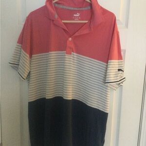 Puma Men's Striped Polo Shirt - Coral, White, and Navy